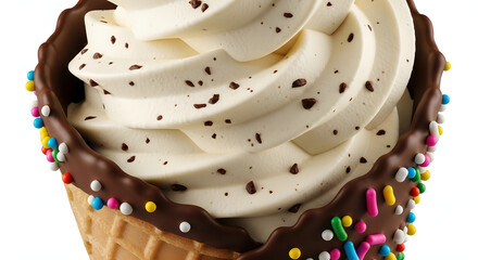 Macro view of vanilla soft-serve with chocolate shards, cone dipped in glossy chocolate and sprinkles