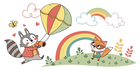 Cute raccoon fox illustration parachute rainbow clouds hearts cartoon animal vector art graphic design for kids vector Illustration