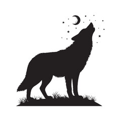 Howling Wolf Silhouette at Night with Moon & Stars – Vector Wildlife Illustration