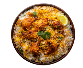 Delicious indian chicken biryani served in a wooden bowl with fresh herbs and lemon transparent background