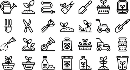 Naklejka premium Gardening icons showcase planting, watering, and lawn care essentials for a vibrant garden