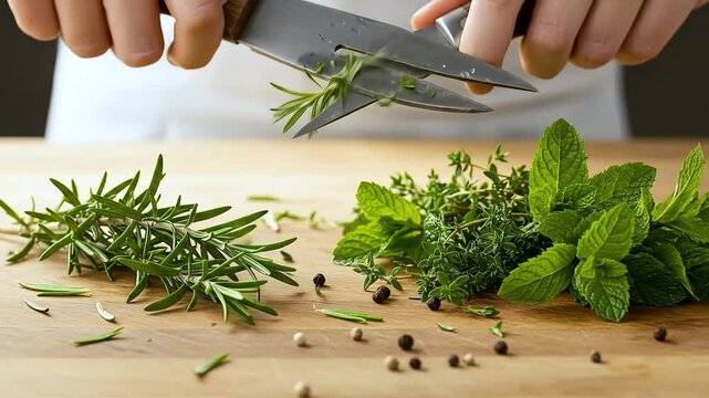Chopping fresh herbs on wooden cutting board