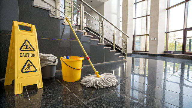 Wet floor caution sign and cleaning equipment in modern building hallway with natural light