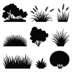 Black Silhouettes of Various Plants and Bushes on White Background