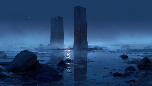 Two tall, weathered stone monoliths stand sentinel on a misty, moonlit shore.  A tranquil, cold-toned scene