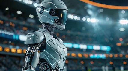 A sleek robotic figure stands poised in a modern sports arena filled with bright lights and an enthusiastic crowd, showcasing advanced technology and design. - Powered by Adobe