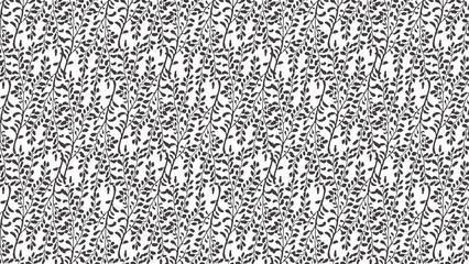 Monochrome botanical pattern featuring dense foliage and winding branches on a white background