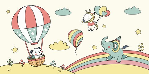 Cute cartoon animals elephant unicorn bear hot air balloon rainbow stars clouds illustration art design vector Illustration