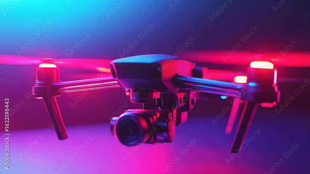 Poster modern quadcopter drone hovering with spinning propellers and flashing lights in neon lighting
