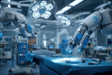 Robotic surgery in a sterile operating room.  Surgical arms manipulate instruments over a surgical site
