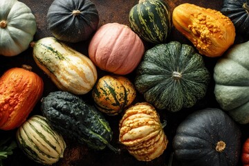 A still life featuring an assortment of colorful gourds and pumpkins arranged on a dark surface