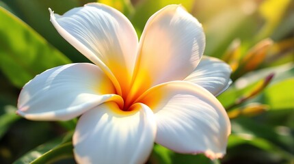Fototapeta premium Close up of beautiful plumeria flower blossom white and yellow tropical floral bloom nature