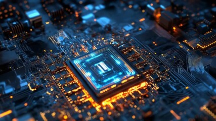 Cpu processing data on motherboard with futuristic lighting effects - Powered by Adobe