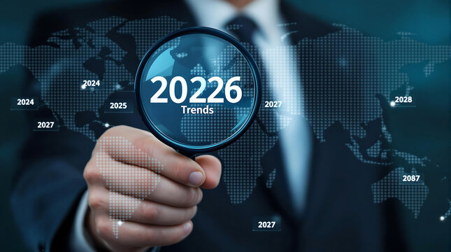 Future trends analysis and forecasting with magnifying glass on world map data points