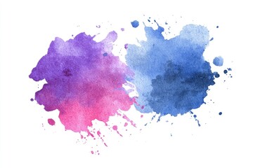 Abstract watercolor splatter design, two overlapping blotches of vibrant purple, pink, and blue hues, with splatters