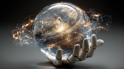 Robotic Hand Holding a Digital Crystal Ball