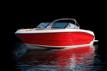 Red and white boat on dark water.  Glossy hull,  open cockpit,  calm water reflection