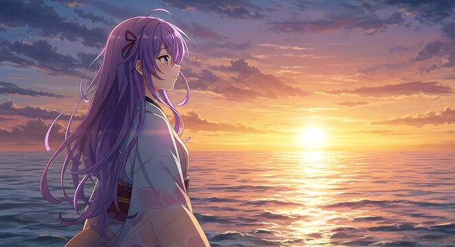 Sunset Reverie: Digital Art, Purple Hair, Ocean View