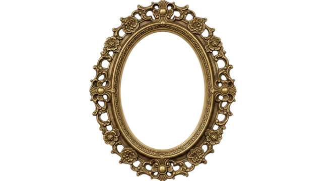 Ornate oval gold gilded mirror frame isolated on transparent background