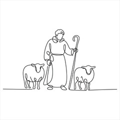 Shepherd with Sheep One Line Drawing animals line art