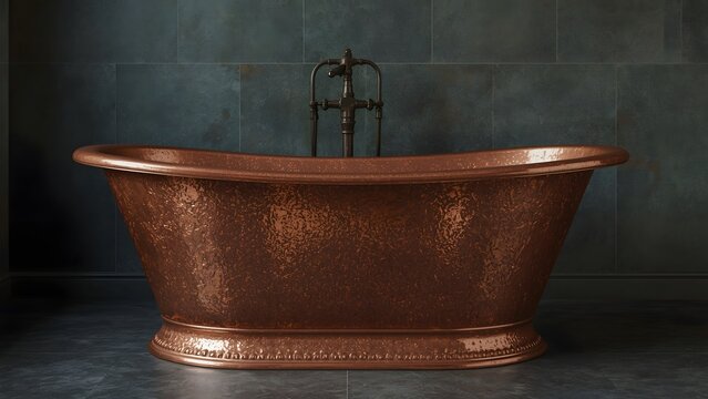 Luxurious copper bathtub with vintage faucet in a moody bathroom setting