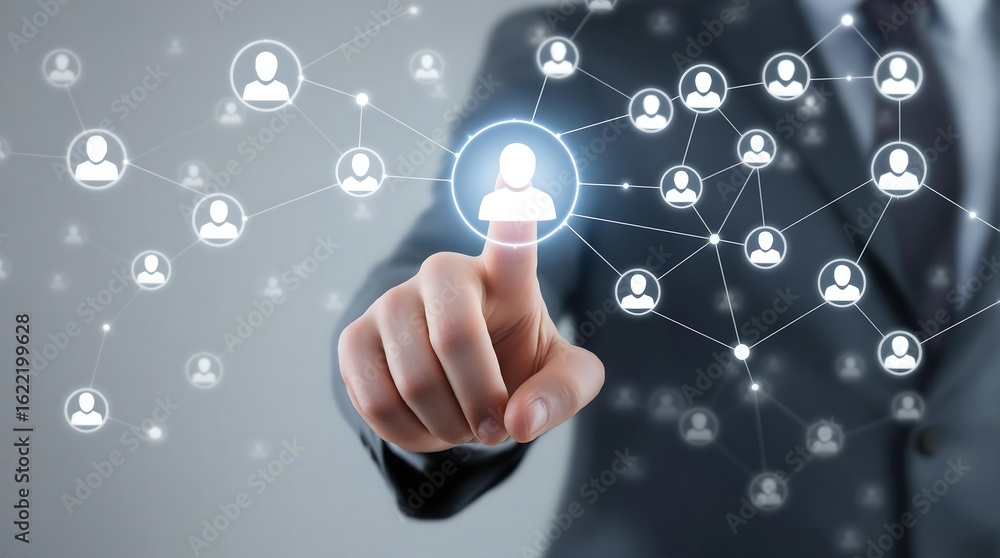Poster social network connection business technology concept with man touching icon graph