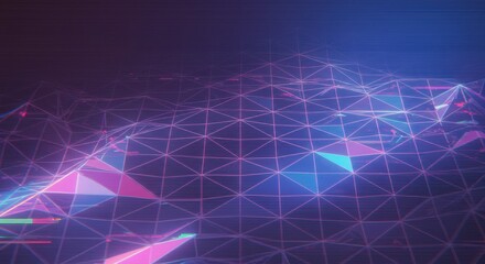 Futuristic Digital Network Grid with Neon Lights in Dark Blue and Purple Tones