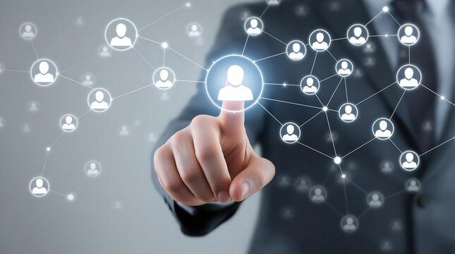 Social network connection business technology concept with man touching icon graph