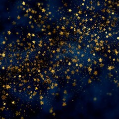 A background with falling stars in the air, made in dark blue and gold tones with a blur effect, creates a festive mood on New Year's Eve.