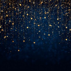 A background with falling stars in the air, made in dark blue and gold tones with a blur effect, creates a festive mood on New Year's Eve.