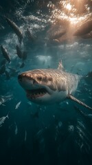 Naklejka premium Great White Shark in Sunlight Underwater Dive with Sharks with Fish, and Ocean Predator.