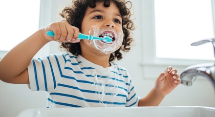 A young boy brushing his teeth in the bathroom, demonstrating good oral hygiene and a healthy morning routine