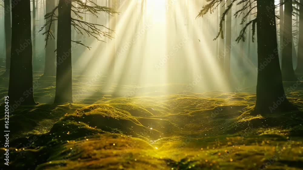 Aufkleber a serene forest scene featuring sunlight streaming through trees, creating mystical rays in a misty 