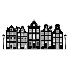 Black and White Silhouette of Dutch Houses and Street Lamps