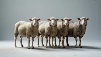 Fototapeta premium Group of sheep standing in a line on light grey background 