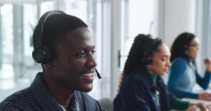 Headset, colleagues and man with advice in call center for customer service, FAQ or online query. Coworking, people and guide client with technical support, issue resolution and help desk assistance