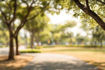 Blurred park path, trees, and greenery