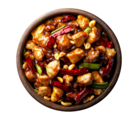 Delicious kung pao chicken dish served in a wooden bowl against a transparent background