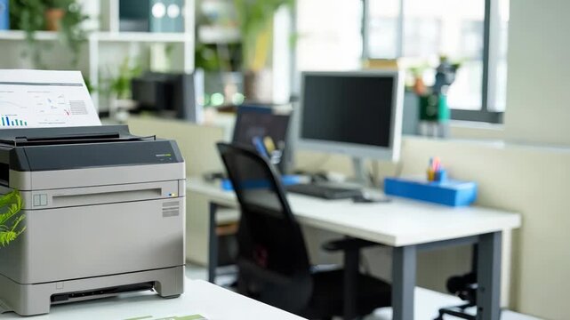 Bright and modern office workspace featuring a printer with a green plant. Ideal for themes of productivity, technology, and contemporary work environments.