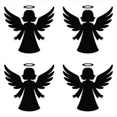 Black Angel Silhouettes with Wings and Halos on White Background