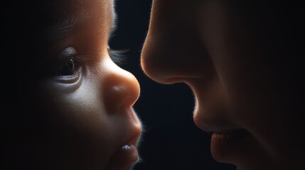 Close Up of Two Faces Lit by Golden Light in Dark Backdrop