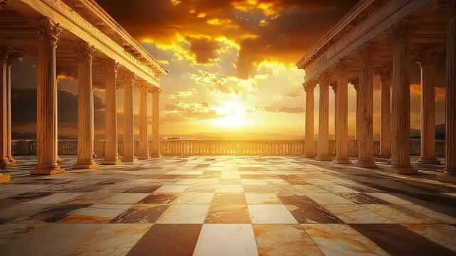 Ancient colonnaded terrace at sunset