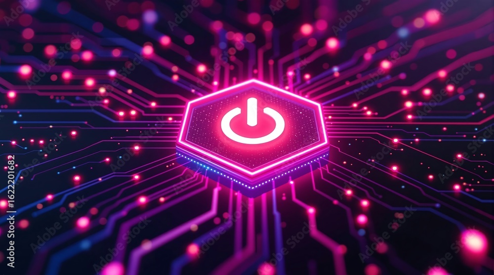 Poster neon power button circuit board technology background high tech digital network design