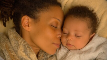 Serene Moment Close Up of African American Mother Embracing Newborn Baby Sleeping Peacefully