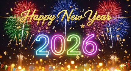 Vibrant Fireworks and Neon 2026 Celebrate the New Year with Gold