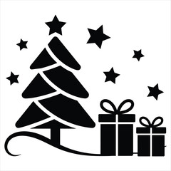 Black Christmas Tree Presents and Stars on White Background