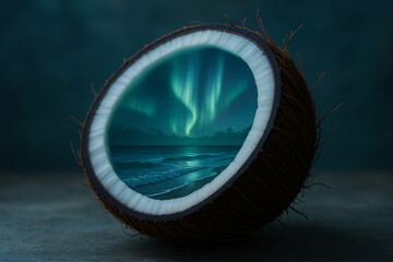 Fototapeta premium Halved coconut with ocean and northern lights inside 