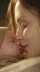 Tender Moment Mother Kissing Newborn Baby Soft Warm Lighting Close Up