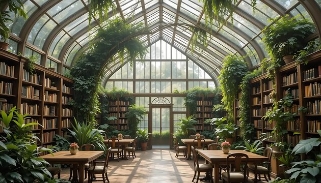 A unique and enchanting greenhouse library combining nature and architecture