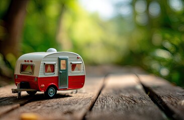 Miniature camper van on rustic wooden planks, bathed in natural light, nestled within a lush forest backdrop